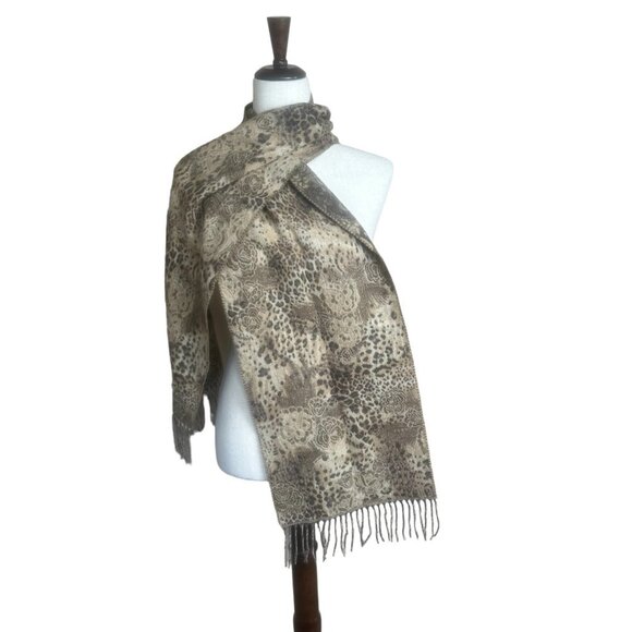 Soft Reversible Animal Print Paisley Floral Brown Shawl Scarf Fringe 72" x 11" - Picture 3 of 6